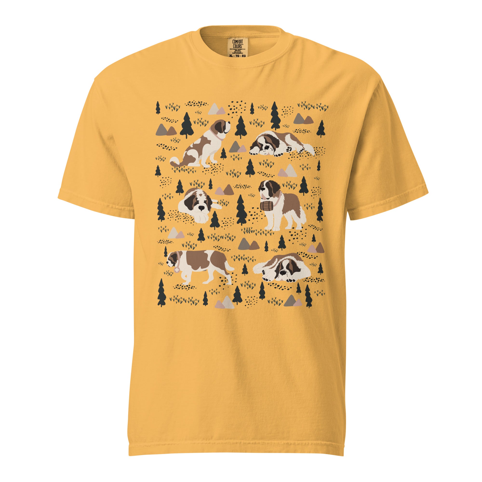 Comfort Colors Mustard t-shirt featuring a woodland-themed Saint Bernard dog woodland and mountains pattern with six adorable Saint Bernards in various poses, perfect Saint Bernard gift for dog lovers.
