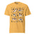 Comfort Colors Mustard t-shirt featuring a woodland-themed Saint Bernard dog woodland and mountains pattern with six adorable Saint Bernards in various poses, perfect Saint Bernard gift for dog lovers.
