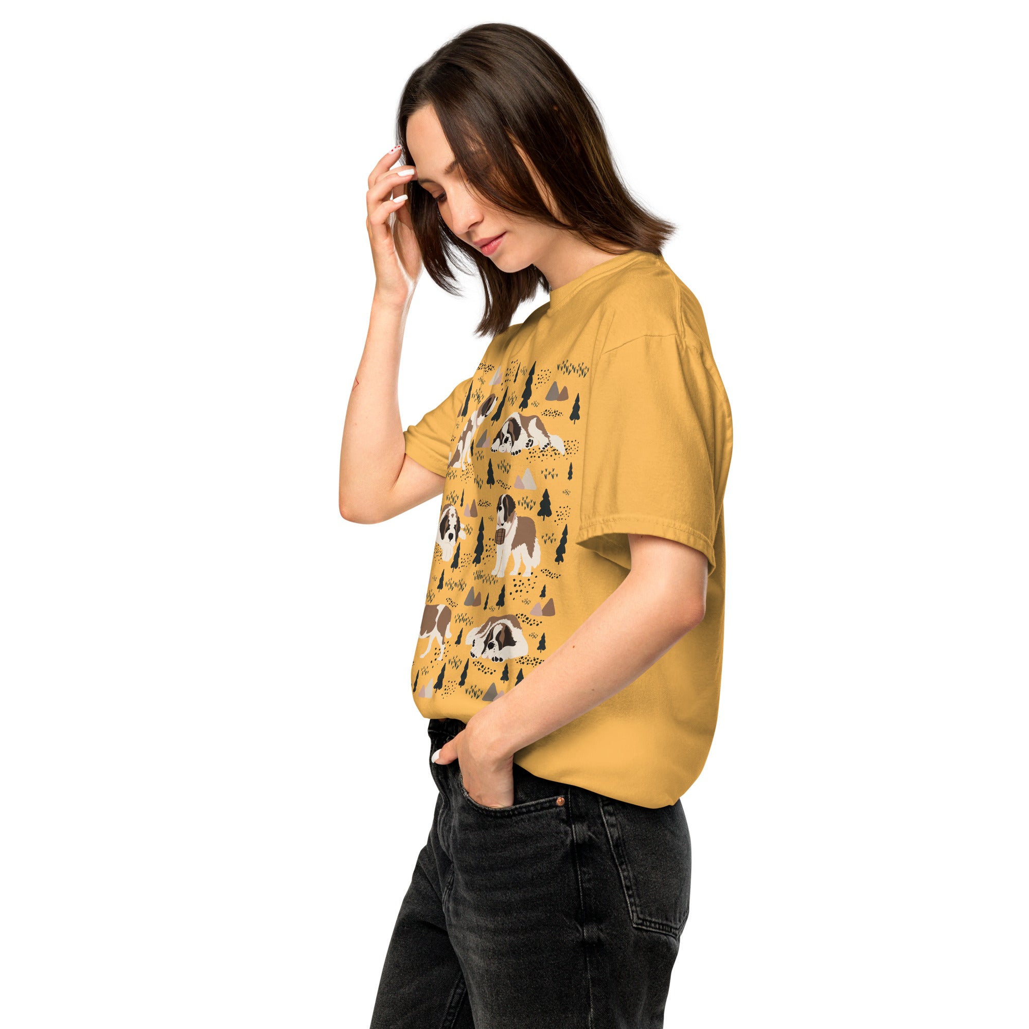 Comfort Colors Mustard t-shirt featuring a woodland-themed Saint Bernard dog woodland and mountains pattern with six adorable Saint Bernards in various poses, perfect Saint Bernard gift for dog lovers.