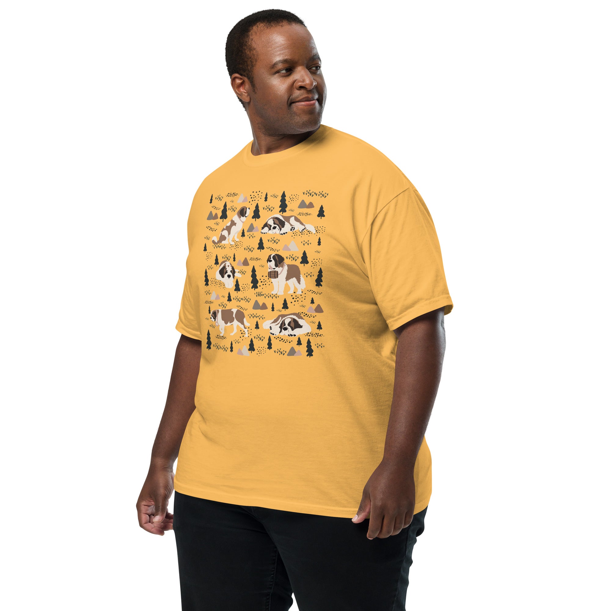 Comfort Colors Mustard t-shirt featuring a woodland-themed Saint Bernard dog woodland and mountains pattern with six adorable Saint Bernards in various poses, perfect Saint Bernard gift for dog lovers.