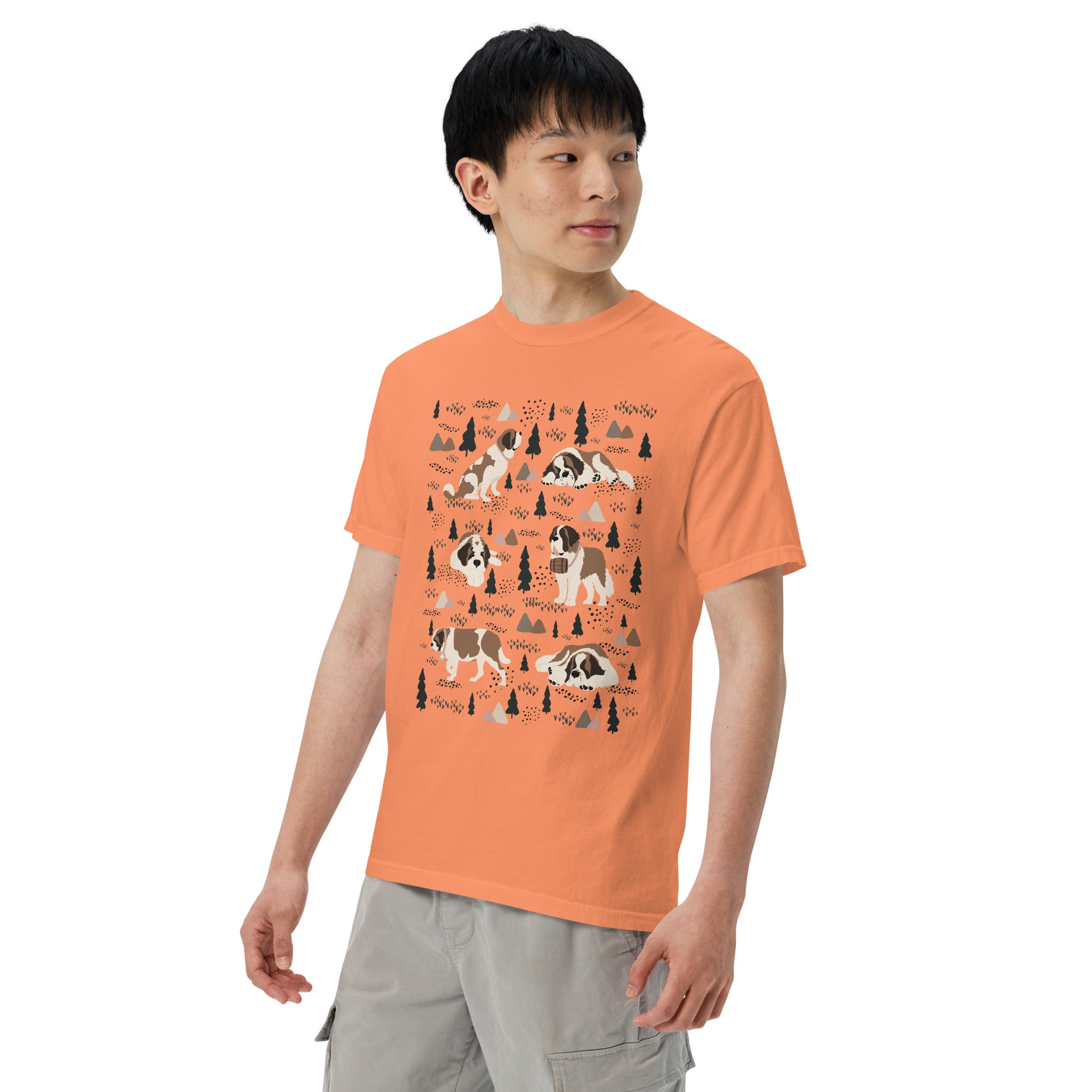 Comfort Colors Terracotta t-shirt featuring a woodland-themed Saint Bernard dog woodland and mountains pattern with six adorable Saint Bernards in various poses, perfect Saint Bernard gift for dog lovers.