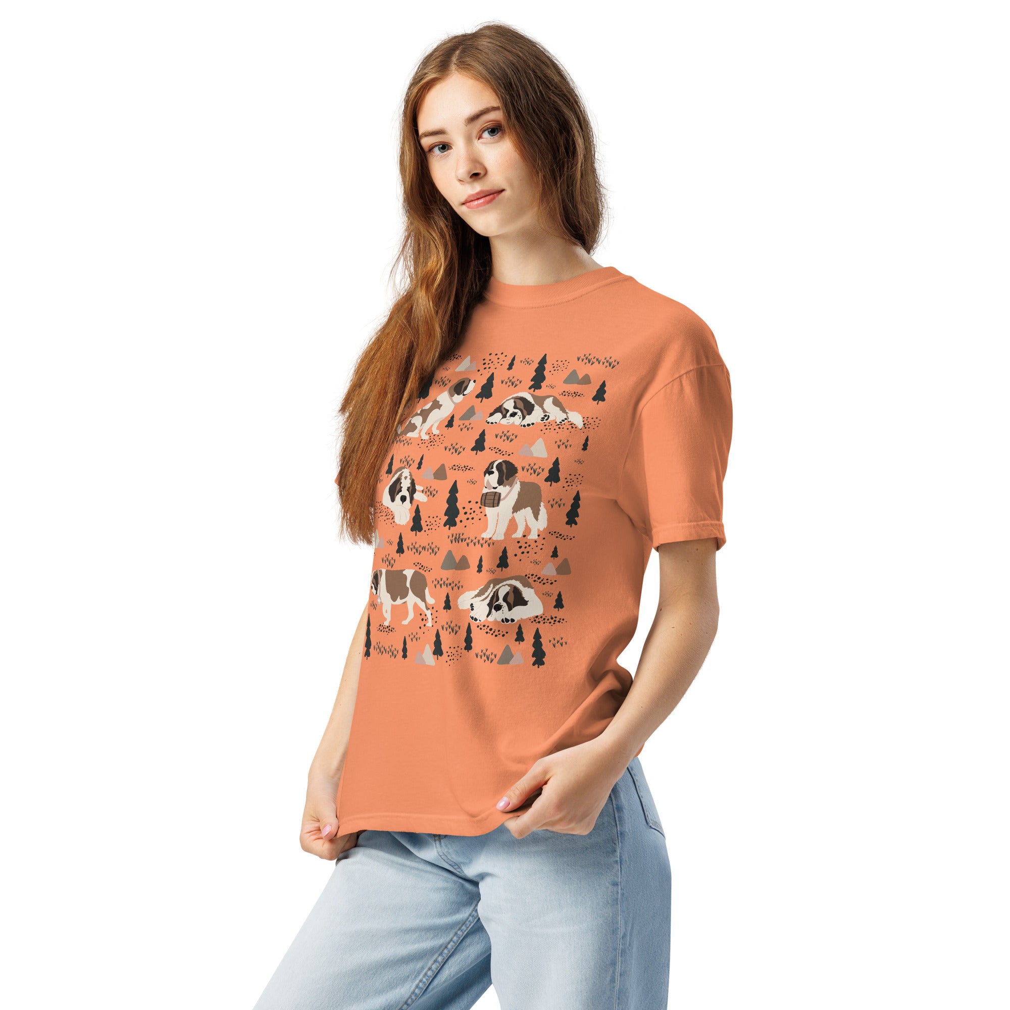 Comfort Colors Terracotta t-shirt featuring a woodland-themed Saint Bernard dog woodland and mountains pattern with six adorable Saint Bernards in various poses, perfect Saint Bernard gift for dog lovers.