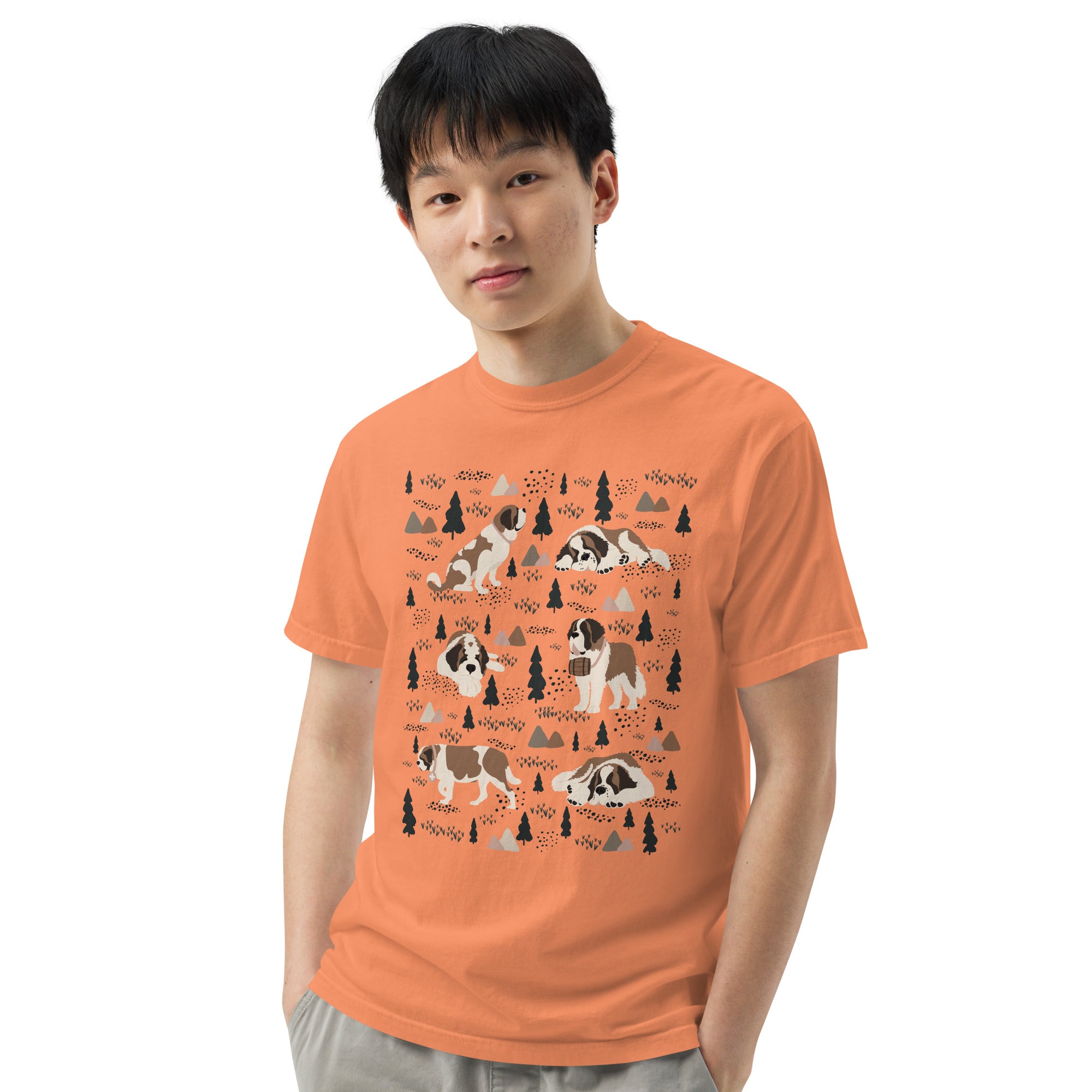 Comfort Colors Terracotta t-shirt featuring a woodland-themed Saint Bernard dog woodland and mountains pattern with six adorable Saint Bernards in various poses, perfect Saint Bernard gift for dog lovers.