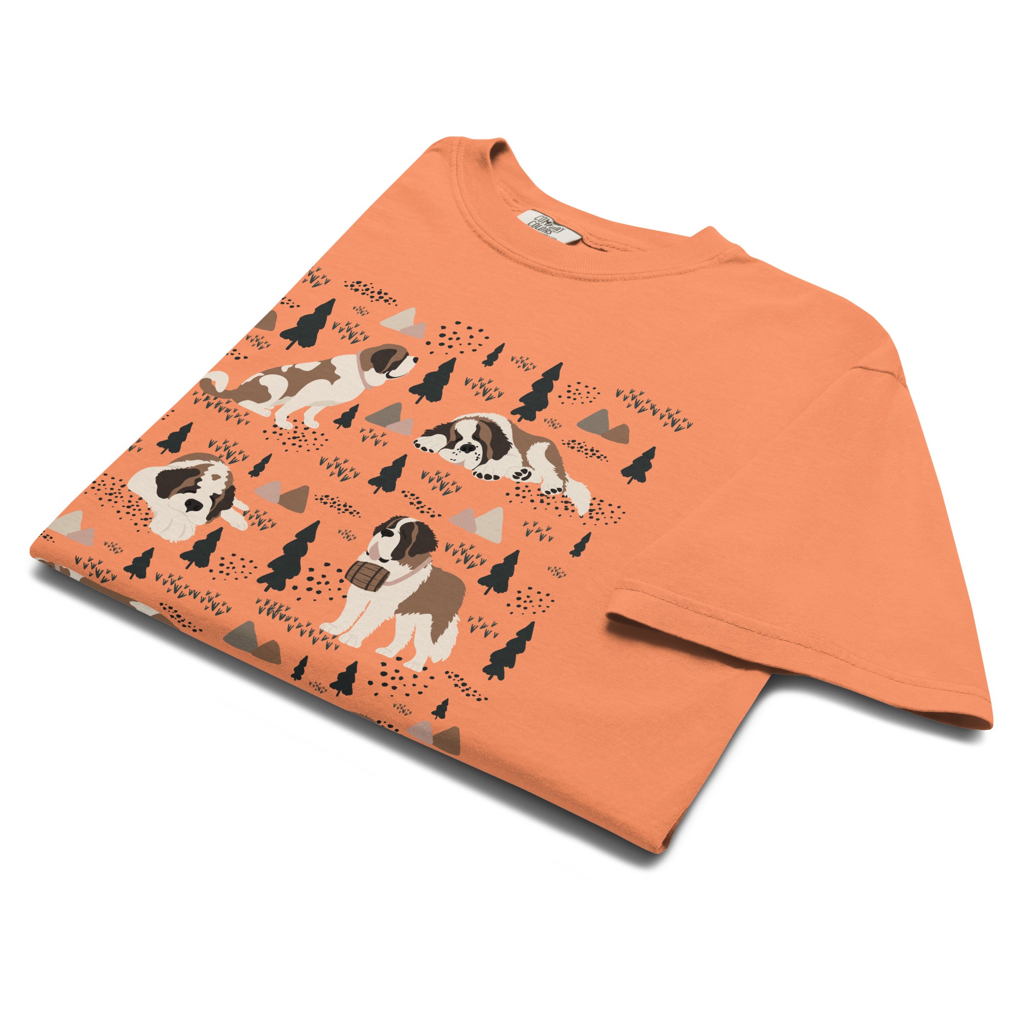 Comfort Colors Terracotta t-shirt featuring a woodland-themed Saint Bernard dog woodland and mountains pattern with six adorable Saint Bernards in various poses, perfect Saint Bernard gift for dog lovers.