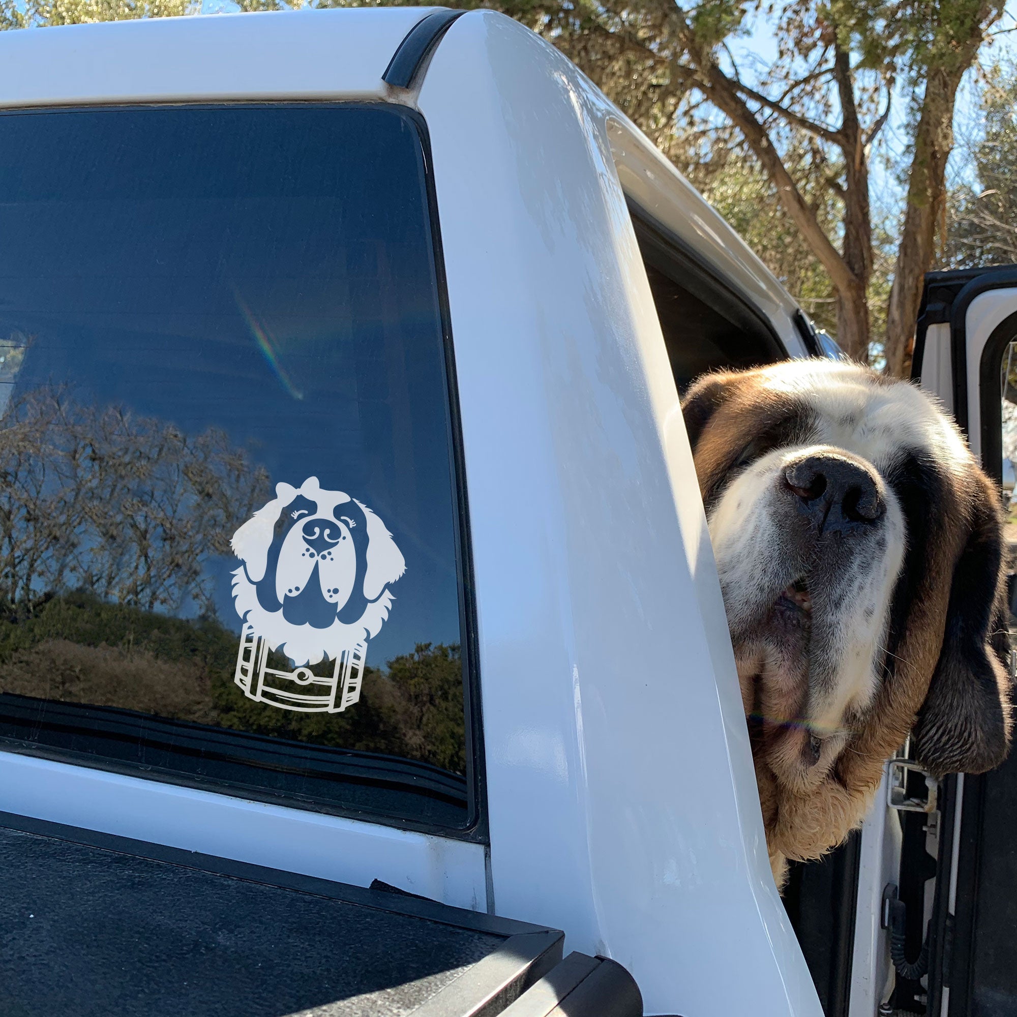 Female St Bernard with Barrel Car Window Decal - Lucy + Norman