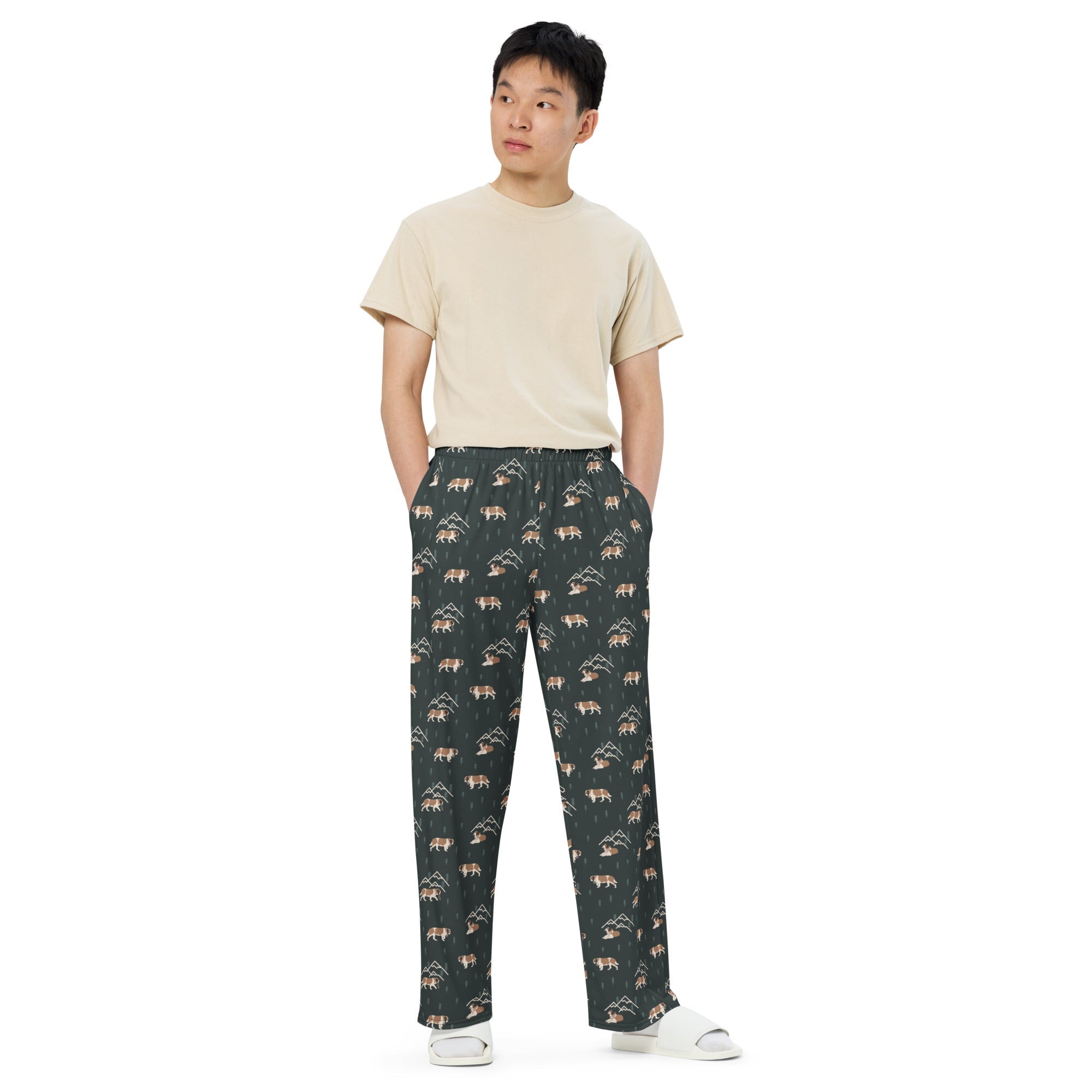 Minimal Mountain - Green Unisex Wide Lounge Pants - Lucy + Norman