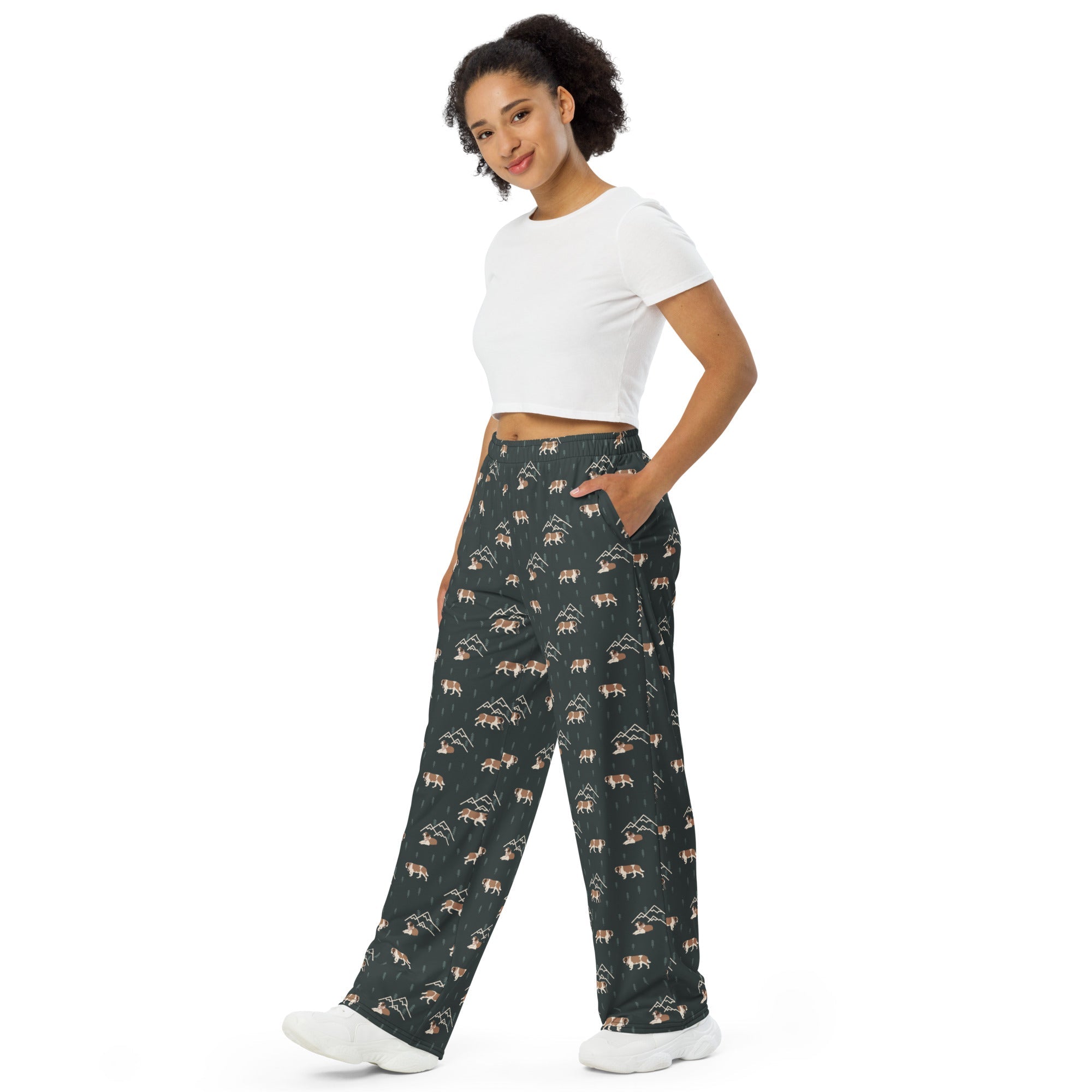 Minimal Mountain - Green Unisex Wide Lounge Pants - Lucy + Norman