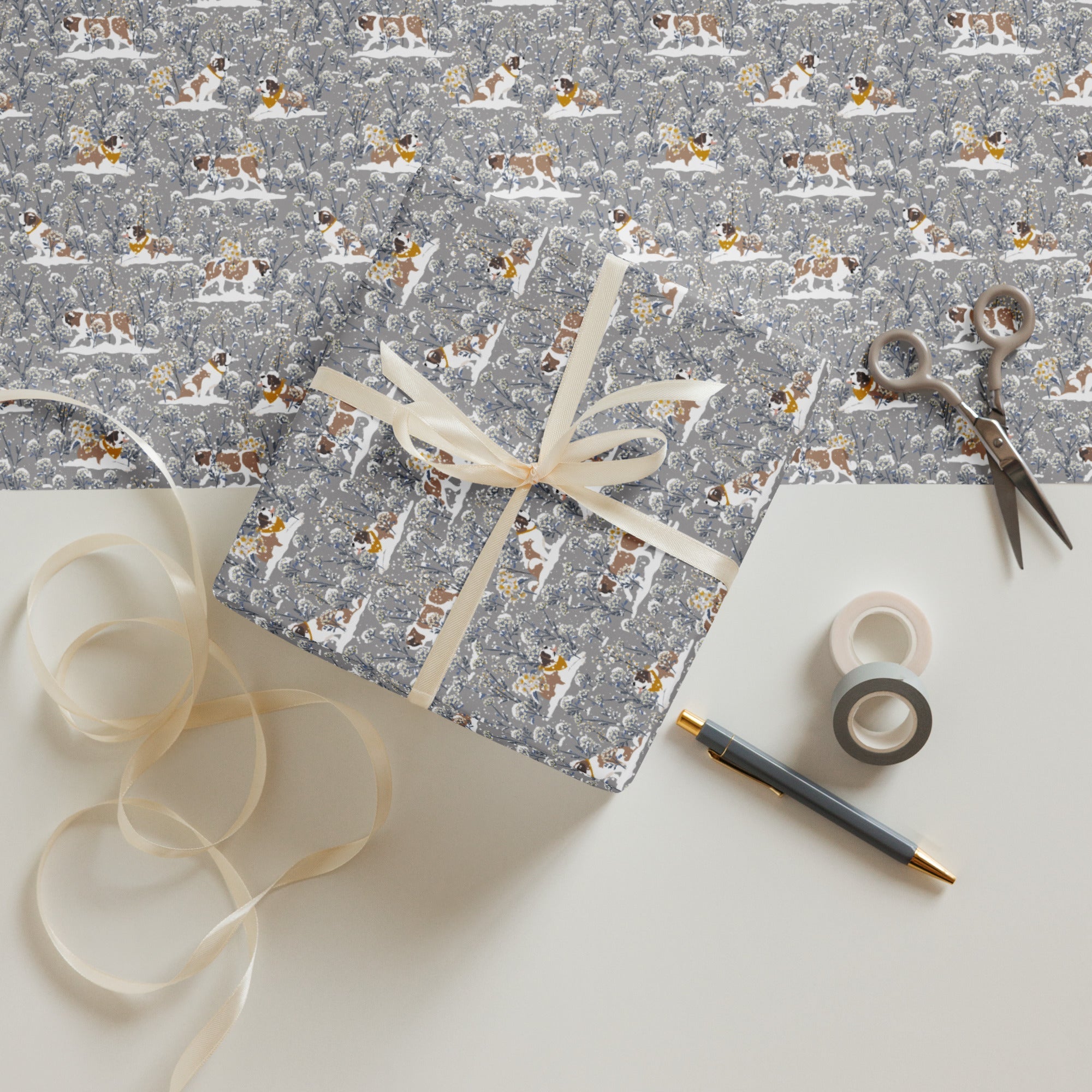 Snowflowers St Bernard Wrapping Paper Sheets - Lucy + Norman