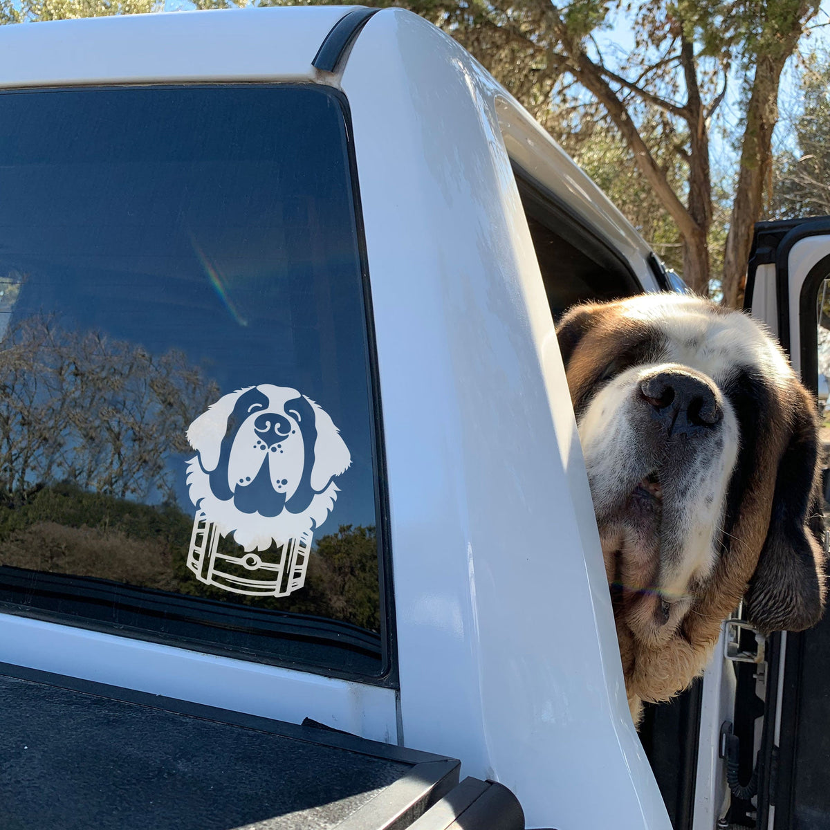 St Bernard with Barrel Car Window Decal - Lucy + Norman