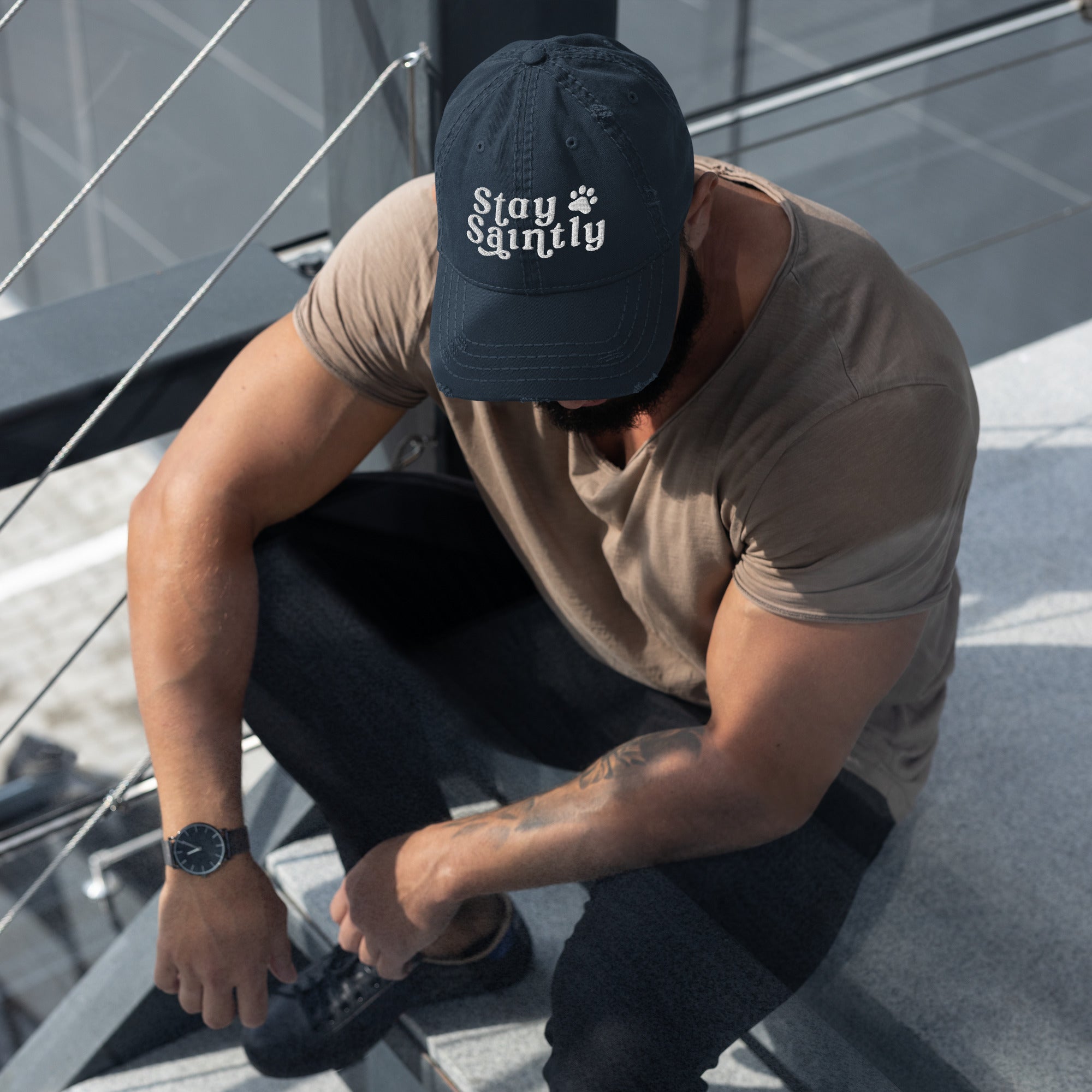 Stay Saintly Distressed Dad Hat - Lucy + Norman